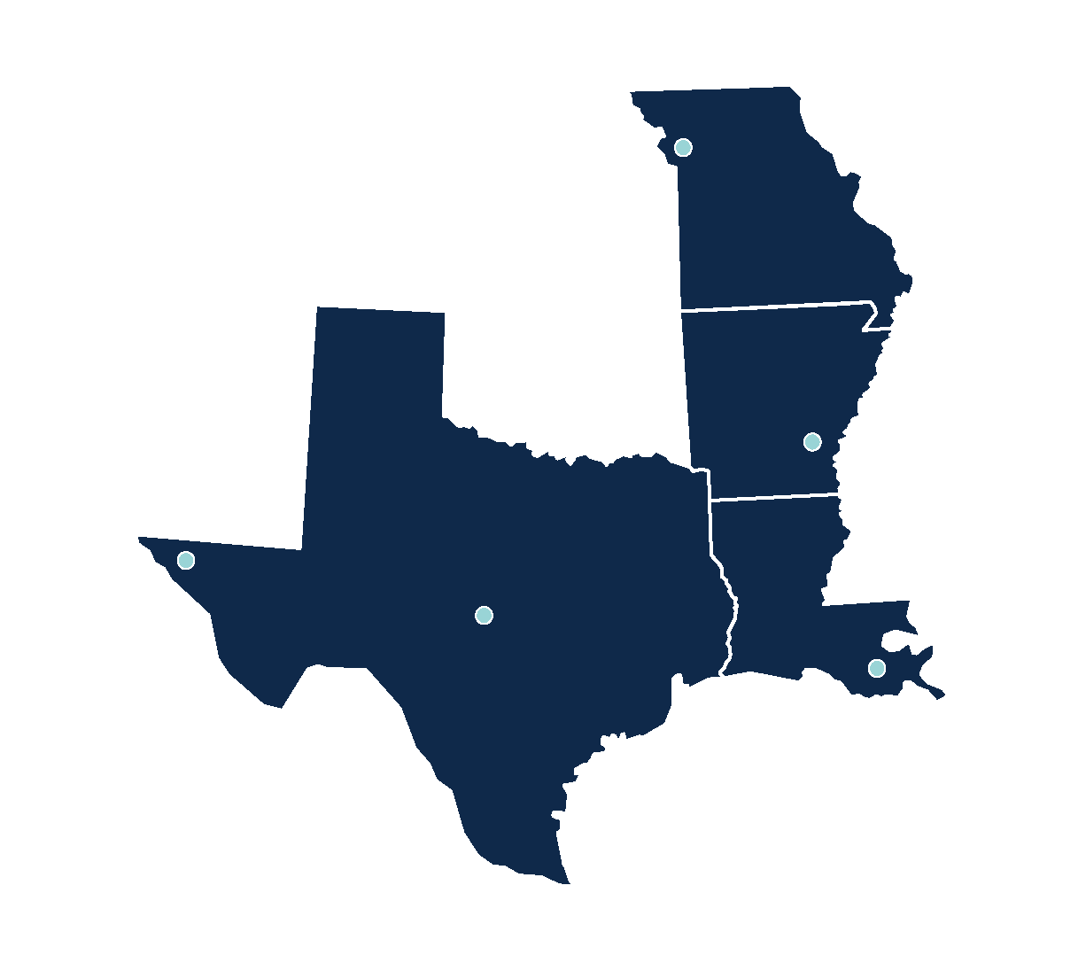 A United States map highlighting the states where Ascension operates. The highlighted states are: Arizona, Texas, Oklahoma, Kansas, Missouri, Arkansas, Louisiana, Illinois, Michigan, Indiana, Kentucky, Tennessee, Georgia, Florida, New York, Maryland, and Delaware.